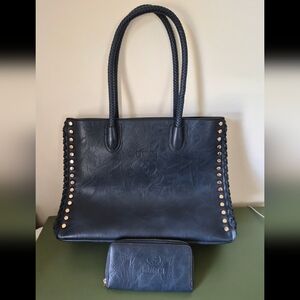Navy Leather Tote Purse with Gold Studs With Matching Wallwt